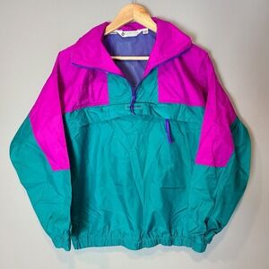 Vintage 90s Columbia Vaporwave Neon Windbreaker Jacket Radial Sleeve Women Small